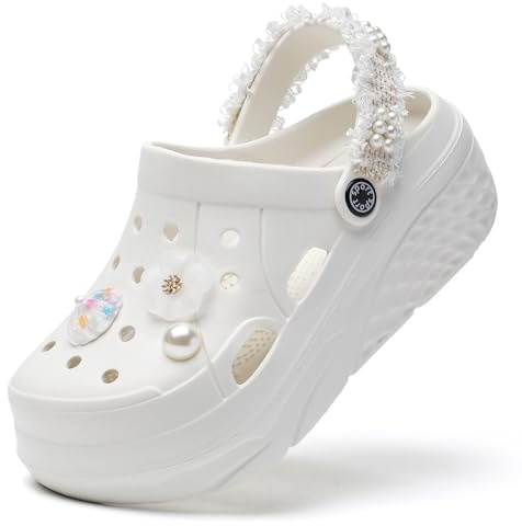 SECHRITE Zuecos de plataforma para mujer, correa de talón de tweed, cómodos zapatos casuales para mujer, sandalias de moda y zuecos - Plantillas extraíbles, White, 37.5 EU