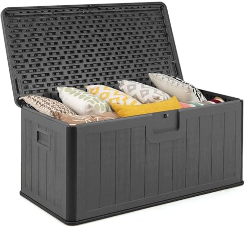 GOPLUS Coffre de Jardin Exterieur Etanche 378L,Coffre Exterieur Etanche HDPE Verrouillable Vérin à Gaz, Poignée, Banc 2 Personnes,Charge 200KG pour Balcon Piscine (Gris,130x64x59CM|378L)