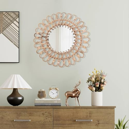 SAUADY Rattan-Spiegel Runder Wandspiegel Dekorativer Rattan-Spiegel für Eingangsbereich Wohnzimmer Badezimmer Gesamtdurchmesser: 40cm Holzfarbe