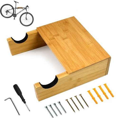 FuxFuis Support Mural en Bois pour Vélo, Porte-Vélos Mural, Crochet Mural Porte Vélo avec 4 Vis à Bois 50 * 7 mm + 4 Vis Murales + 4 Tubes d'Expansion Jaunes + 1 Clé Argentée + 1 Tournevis Cruciforme