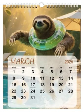 Calendrier Animalier Drôle 2026 - Planificateur 12 Mois Thème Paresseux Ski,21x28 cm Calendrier Mural Drôle - Pour Maison Bureau Appartement Maison Chambre Salon École Crèche Magasin