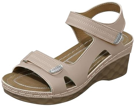 Sandali da donna con zeppa bianca casual scarpe aperte Hook & Loop Strape Calzature per vacanze estive spiaggia passeggiate, cachi, 40 EU
