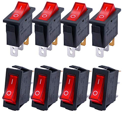 Taiss/8Pcs Rocker Toggle Switch Red Light Illuminated On/Off SPST 3 Pin 2 Position KCD3 Snap AC 250V 125V/20A KCD3-101N-R
