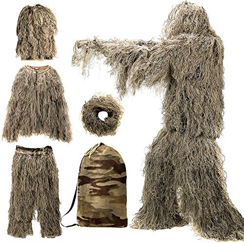 DoCred 5-i-1 Ghillie-dräkt, 3D-kamouflage, jaktkläder med jacka, byxor, huva, bärväska, för vuxna/ungdomar, S/M/L/XL/XXL