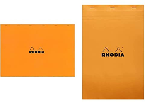 Rhodia 38200C - Bloc-Notes Agrafé N°38 Orange - A3 - Petits Carreaux - 80 Feuilles Détachables & 19200C - Bloc-Notes Agrafé N°19 Orange - A4+ - Petits Carreaux - 80 Feuilles Détachables