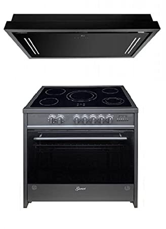GURARI Herdset Elektro-Standherd GCH E 912 BL + GCH C 343 120 BL PRIME, Backofen Set 90 cm, Schwarz, Range Coocker, 121 L + Dunstabzugshaube, Deckenhaube 120 cm 1000m³/h, Schwarz Glas