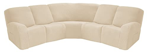 jianyana Jacquard Elastischer Ecksofabezug 5-Sitzer, Sofa überzug Ecksofa L Form, Sofahusse Eckcouch Cover rutschfest, Sofa Überwurf Spannbezug, Universal Sesselbezug Sofa Abdeckung 7 Stück (Beige)