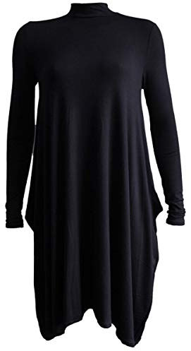 Women's Polo Neck Top Flared Swing Dress Ladies Turtle Neck Hanky Hem Long Dress (Black, 16-18)