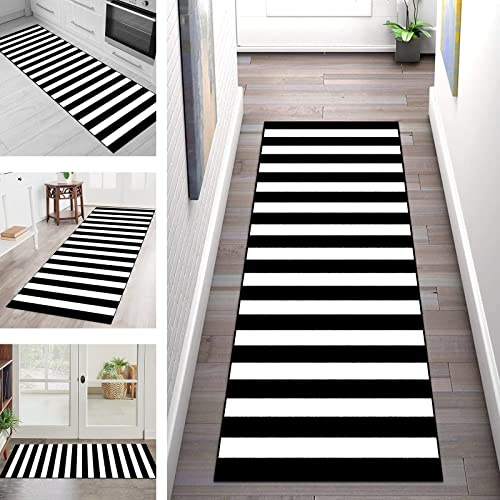 Läufer Teppich Lang Flur rutschfest Waschbar Korridor Teppichläufer Schwarz Weiß Streifen 50X250CM Teppichmatten Küchenläufer Wohnzimmer Kinderzimmer Esszimmer Anpassbare Küchenteppich Meterware