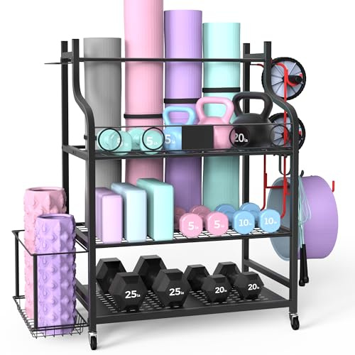 Dumbbell Rack with Wheels and Hooks, Gym Storage Rack for Home Gym, Weight Rack Stand for Dumbbells, Kettlebells & Equipment, Space Saving Gym Equipment Storage, 100KG Capacity