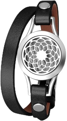 OIDEA Bracelet d'aromathérapie en cuir avec 10 coussinets en feutre - Motif arbre de vie - Noir, doré, argenté, Lebensbaum Muster, Cuir Acier inoxydable