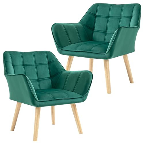HOMCOM Armchair Accent Chair, Vanity Chair with Wide Arms, Slanted Back, Padding, Metal Frame, Wooden Legs, Home Bedroom Furniture Seating, Set of 2, Green