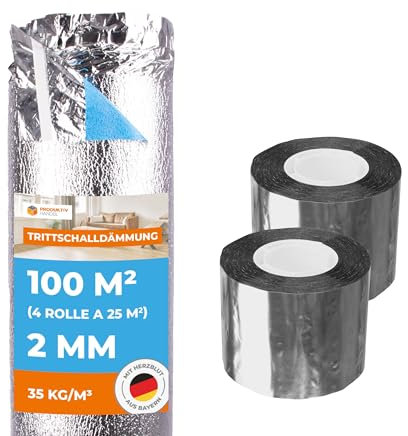 Trittschalldämmung mit Dampfsperre 100 m² Premium Silver Plus 2mm stark | 4 Rollen + 2 Rolle Alu PP Klebeband | sehr gute Wärmedämmung | Fußbodenheizung geeignet für Laminat und Parkett