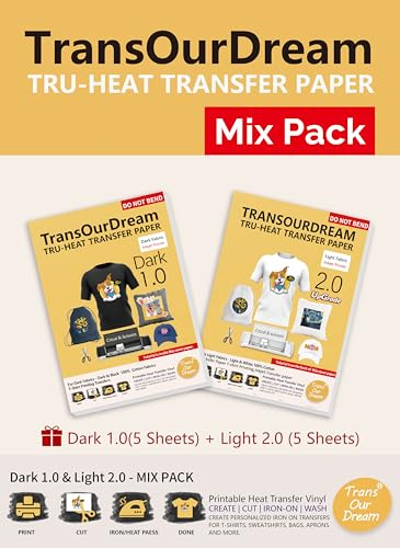 TransOurDream Mix Tru-Heat Transfer Paper Inkjet Dark 1.0 5 Sheets + Light 2.0 5 Sheets Iron on Vinyl Dark/Light Fabric Printable HTV (D1.0-5+L2.0-5)