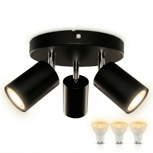 Yiahin Plafonnier 3 Spots Rond Noir, Avec 3 Ampoules GU10 LED 4000K Blanc Neutre. Spot Plafond Orientable Métal, Kit Complet Prêt à Poser pour Cuisine, Bureau, Entrée, Lumière Naturelle