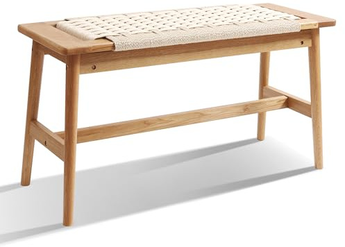 OGMILL 33.5 L Wood Dining Bench Indoor, 100% Natural Solid Oak Bed Bench Hand Woven Enterway Bench Small Bench for Dining Room, Bedroom, Kitchen (Creamy White)