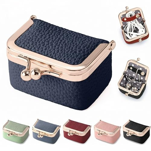 Zivyes Mini Jewelry Box Travel Small Coin Purse Organizer Case Genuine Leather Tiny Size (Blue)