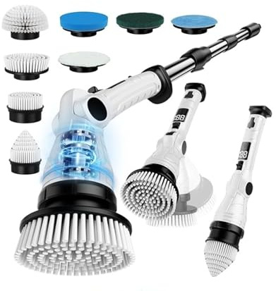 Electric Spin Scrubber, 3-Speed Power Scrubber for Cleaning Bathroom, 6-Angle Adjustable Head Cordless Scrubber with 8 Brush Heads & Long Handle, LCD Display Shower Scrubber for Grout Tile Floor Tub