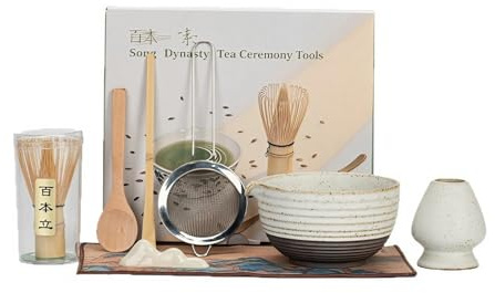 Dasellfa Matcha 8 delar, matcha ceremoniell matcha-skål, matchande bambuvisp 80 tänder, keramisk chasen-hållare, matcha-set för nybörjarpresent (brun)