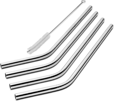Paille Inox Lot de 4 pailles en acier inoxydable, courbées et réutilisables, avec brosse nettoyage incluse(8mm)