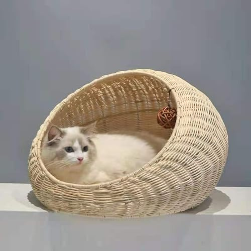 Pet Bed Basket Willow Kitten Tower Pet Den Wicker Cat House Stool for Rest, Rattan Cat Bed with Washable Cushions 50 x 40 x 35 cm