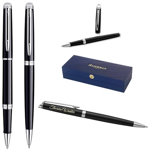 Waterman Hémisphère Tintenroller & Kugelschreiber Set mit Gravur – Personalisiertes Luxus Schreibset für Geburtstag, Jubiläum & Weihnachten (BLACK C.T.)