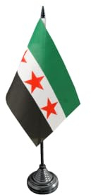 Flaggenfritze Tischflagge Syrien 1932-1963/Opposition 10 x 15 cm, syrische Flagge, reißfestes Polyester, farbintensiver Siebdruck, kleine Fahne mit Kunststoff-Sockel
