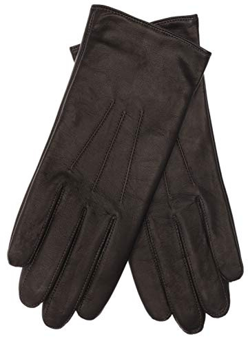 EEM Damen Lederhandschuhe, weiches italienisches Leder, weiches Fleecefutter, drei Abnäher, dunkelbraun L
