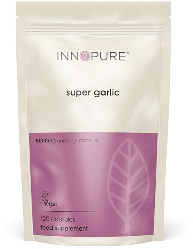 INNOPURE Odourless Garlic Capsules - 120 High Strength 5000mg Capsules for Immune Support - GMP Certified Vegan One Per Day Garlic Supplement, No Artificial Fillers or Binders, 4 Month Supply UK Made