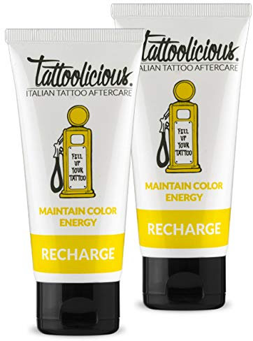 Tattoolicious DOUBLE RECHARGE – La Crème d'entretien pour tatouages, revitalisante, spécifique, avec des ingrédients actifs biologiques, 200 ml Double Pack (2 tubes de 100 ml)