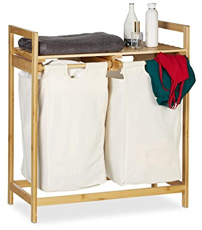 Relaxdays Portabiancheria in Bambù, Contenitore con Ripiano, 2 Scomparti, Ceste Estraibili, 60 Litri, Legno Naturale
