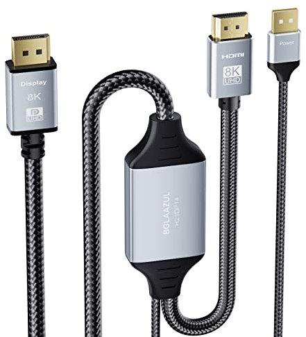 BolAAzuL Cable HDMI 2.1 a DisplayPort 1.4 8K, Conversor HDMI a DP (Macho a Macho) Adaptador 8K@30Hz 4K@120Hz 2K@144Hz, Entrada HDMI a Salida DP, Para PS4/PS5/PS4 Pro/TV/Monitor (2M)