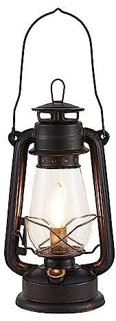 Lindby Tischlampe, Dekolampe Laternenform Metall Glas Nachttischlampe Laterne Vintage Design rostfarben Tischleuchte 1x E14 max. 40W ohne Leuchtmittel