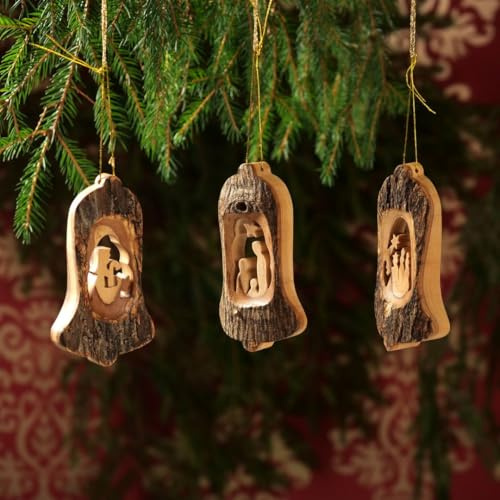 KASSIS Geschenkartikel Olivenholz Weihnachtsdeko Baumschmuck 3er Set Krippe Anhänger Heilige Familie Hirte und DREI Könige mit Rinde handgemacht in Bethlehem 11,5 cm (Glocke mit Rinde)