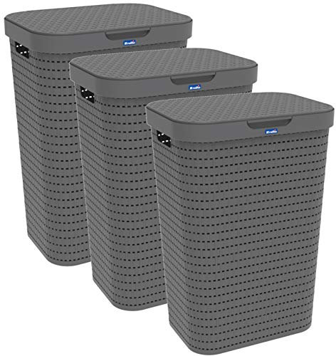 Rotho Country 3er-Set Wäschesammler 55l mit Deckel, Kunststoff (PP) BPA-frei, anthrazit, 3x55l (42,0 x 32,2 x 57,7 cm), 42 x 32, 3