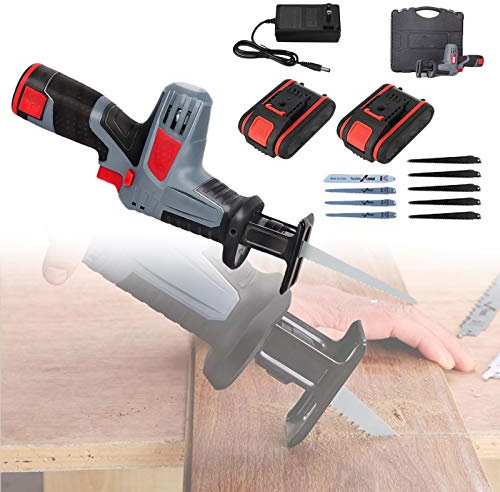 Sierra Sable Inalámbrica, Sierra Alternativa 12 V con Batería, Velocidad Infinitamente Variable, Interruptor de Seguridad, Podadora Inalámbrica con 9 Hojas de Sierra para Madera,Metal,2 battery