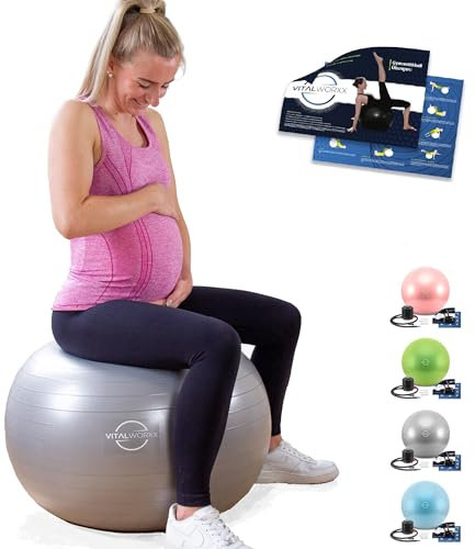 VITALWORXX Gymnastikball für Schwangere, extrem stabil, Sitzball Yogaball Pezziball mit Pumpe, mit Übungen für Schwangerschaft, Geburt, Gesundheit,