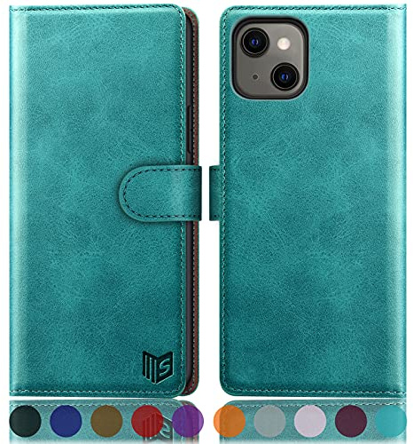 SUANPOT [RFID Schutz für iPhone 13 5G 6,1-Zoll Hülle PU Leder Handyhülle Lederhülle Klapphülle Kartenfach Flip Cover für Apple 13 Handy hülle Leather Wallet Phone Case Blau Grün