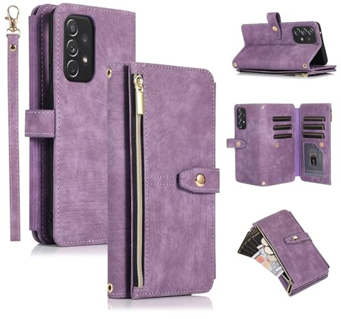 UEEBAI Hülle für Samsung Galaxy A53 5G, Leder Klapphülle, Retro Lila | 9 Kartenfäche Lederhülle mit Umhängegurt Handschlaufe Ständer Reißverschluss Handyhülle Magnetverschluss Wallet Flip Case