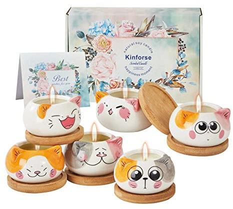 Kinforse Duftkerzen-Set 6er Aroma-Kerzen – Geschenke für Frauen als Geburtstagsgeschenk für Frauen | Duftkerze mit Katzenmotiv & Blumen | Candle aus Sojawachs & Katze Geschenk-Idee