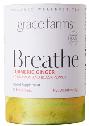 Grace Farms BREATHE Wellness Organic Tea Blend (16 Pyramid Sachets) | Turmeric and Ginger with Adaptogenic Herbs | Immunity Support | Caffeine Free | Gives Back 100% of Profits