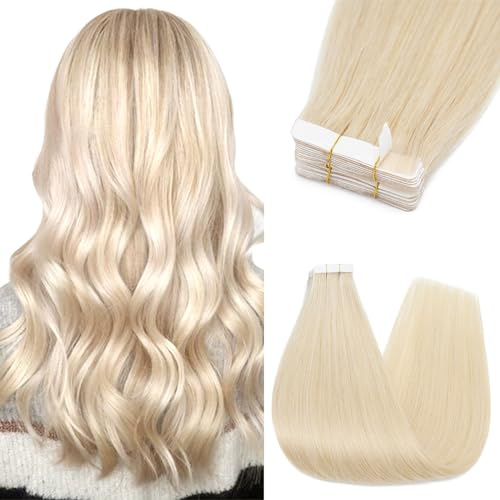 Silk-co Tape Extensions Echthaar 10 Stück 20g, Remy Tape in Extensions Haarverlängerung, Skin Weft Echthaar Haarextensions für dünnes Haar 35cm #60 Platinblond