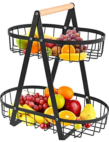 THATSRAD Fruteros, Fruteros de Cocina Modernos 2 Pisos Desmontable Cesta de Frutas y Verduras Fruteros de Metal Almacenamiento Canasta de Alambre de Metal Estante para Almacenar Frutas, Pan (Ovalado)
