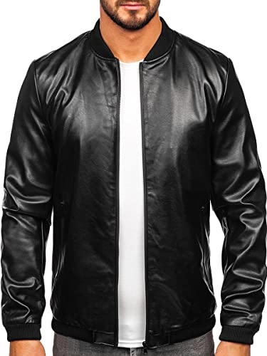 BOLF Uomo Giacca in pelle collo alla coreana Ecopelle Biker Invernale mezza stagione Trapuntata da aviatore Bomber Cerniera lampo Cerniera Casual Style 6803A Nero L [4D4]