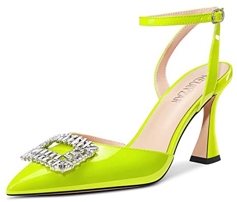 HEUIVZAR Mujer Chunky Ancho Alto High Heel Puntiaguada Punta Sandalias Correa Tobillo Cierre con Hebilla de Boda Cute 8.5 CM Heels Verde Lima 35 EU