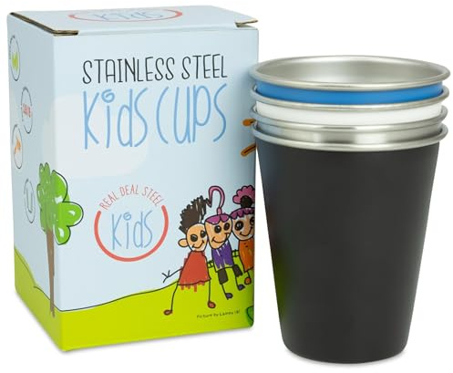 Stainless Steel Kids Cups - Set of 4 - Metal Cups for Children and Toddlers, Premium 10 oz Drinking Glasses in Fun Colors, BPA Free, Unbreakable (Assorted 1)
