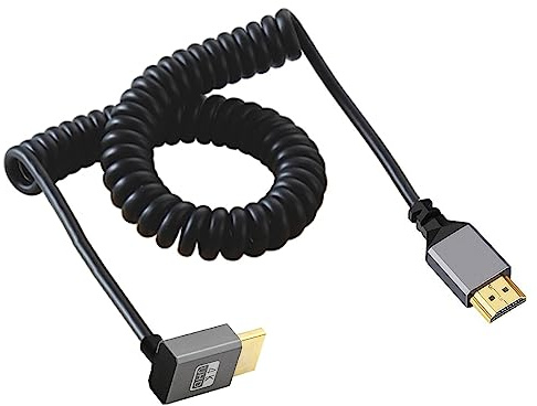cablecc 4K 60 Hz Stretch-Spiralkabel, HDMI 2.0-Stecker auf HDMI-Stecker, 90 Grad nach unten abgewinkelt, für Laptop-Monitor, HDTV-Computer