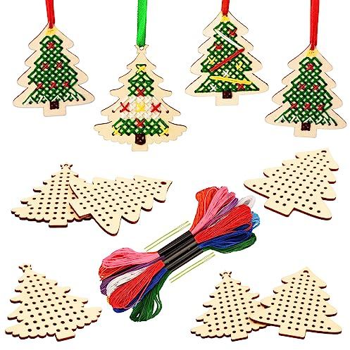 Gukasxi Set di 10 segnalibri in legno per punto croce, albero di Natale in legno, set per punto croce, per bambini e principianti, fai da te, decorazioni natalizie da appendere