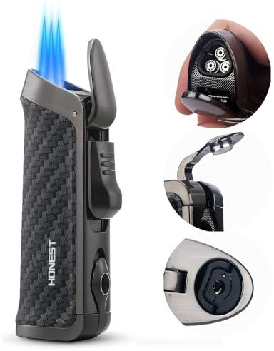 HONEST Triple Jet Torch Lighter with Built-in Punch, Visible Gas Window, Refillable, Adjustable Flame Intensity, Pocket Size - Gift for Men (Black Carbon)