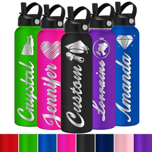 Aolun Personalised Water Bottle with Straw Customised Names Logo insulated Bottle Engraved Stainless Steel Flask for Kid Girls Boys Women Men （12oz/18oz/24oz/32oz/48oz）